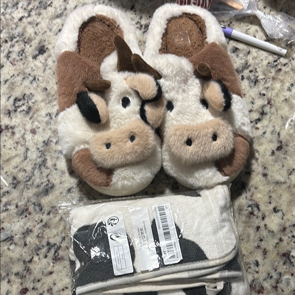Adorable Cow slippers and towel bundle